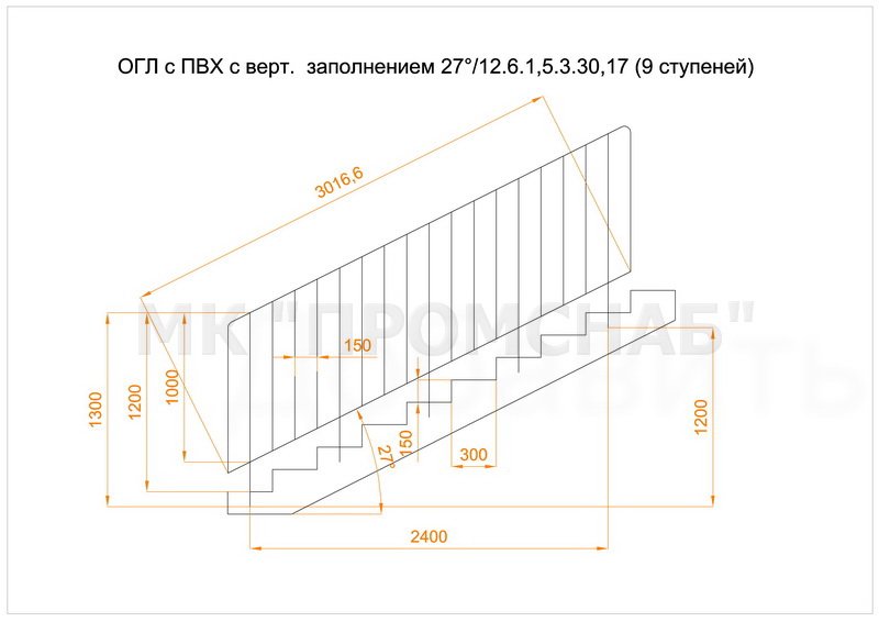 ОГЛ(Ст3)27°/1200/600/3017/пор.40х4,0/ст.20х20х2,0/обв. 25х4,0/зап.18х2,0/9 ступеней