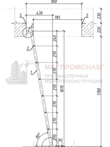 Стремянка (Ст3) 80°/1870/600/270/каркас 40х40х4,0/ст.кв.20