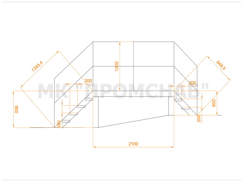 МОП(Ст3)45°/ 900/600/3700/2100/800/Ш14П/У40х4,0/ПВЛ306/огр.пр.20х20х1,5/опоры Ш14/4+2