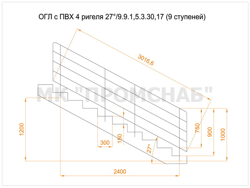 ОГЛ(Ст3)27°/ 900/900/3017/1 поручень 40х4,0/стойка 20х20х1,5/4 ригеля 15х15х1,5/9 ступеней